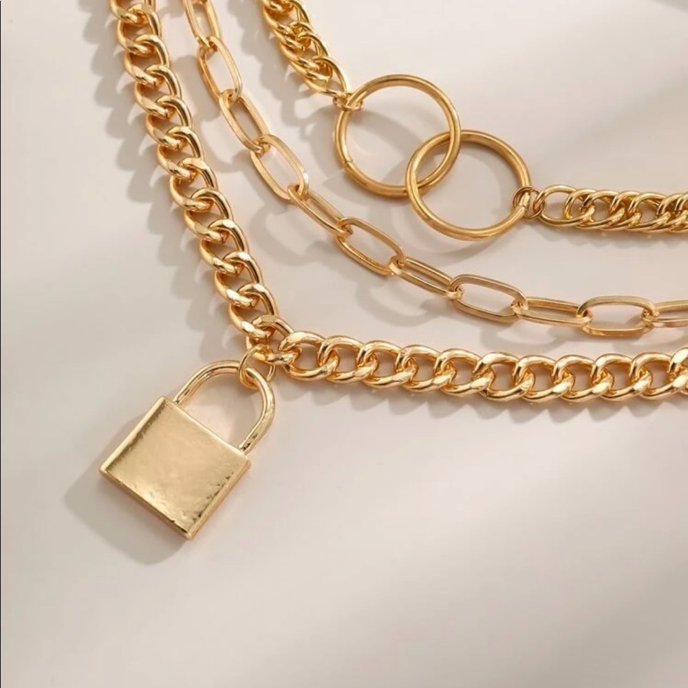 GOLD 3pc Lock Charm Chain Necklace - Picture 3 of 3